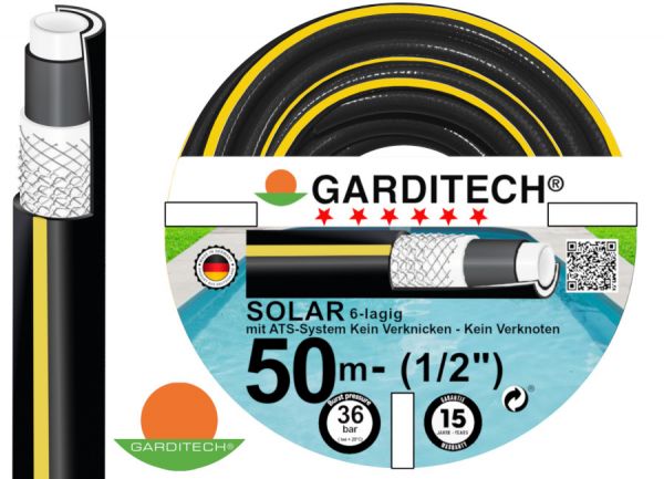 GARDITECH® SOLAR-Wasserschlauch mit Anti-Torsion-System, 6-lagig, 1/2 Zoll, Gartenschlauch, Poolschl